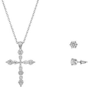 PRIMAVERA 2pc Inspirational Cross Silver Plated Clear CZ Necklace & Earrings Set